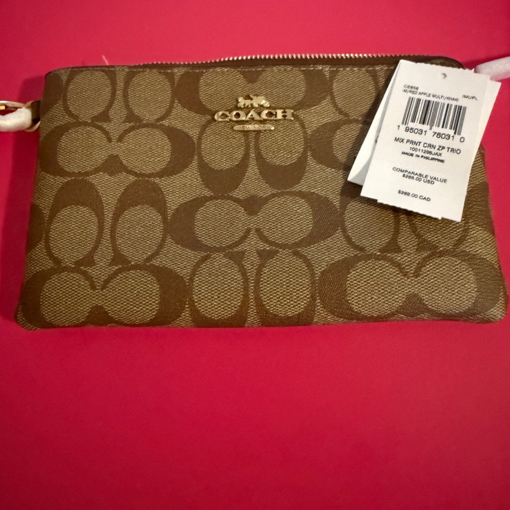 Coach Tan and Brown Logo Wristlet